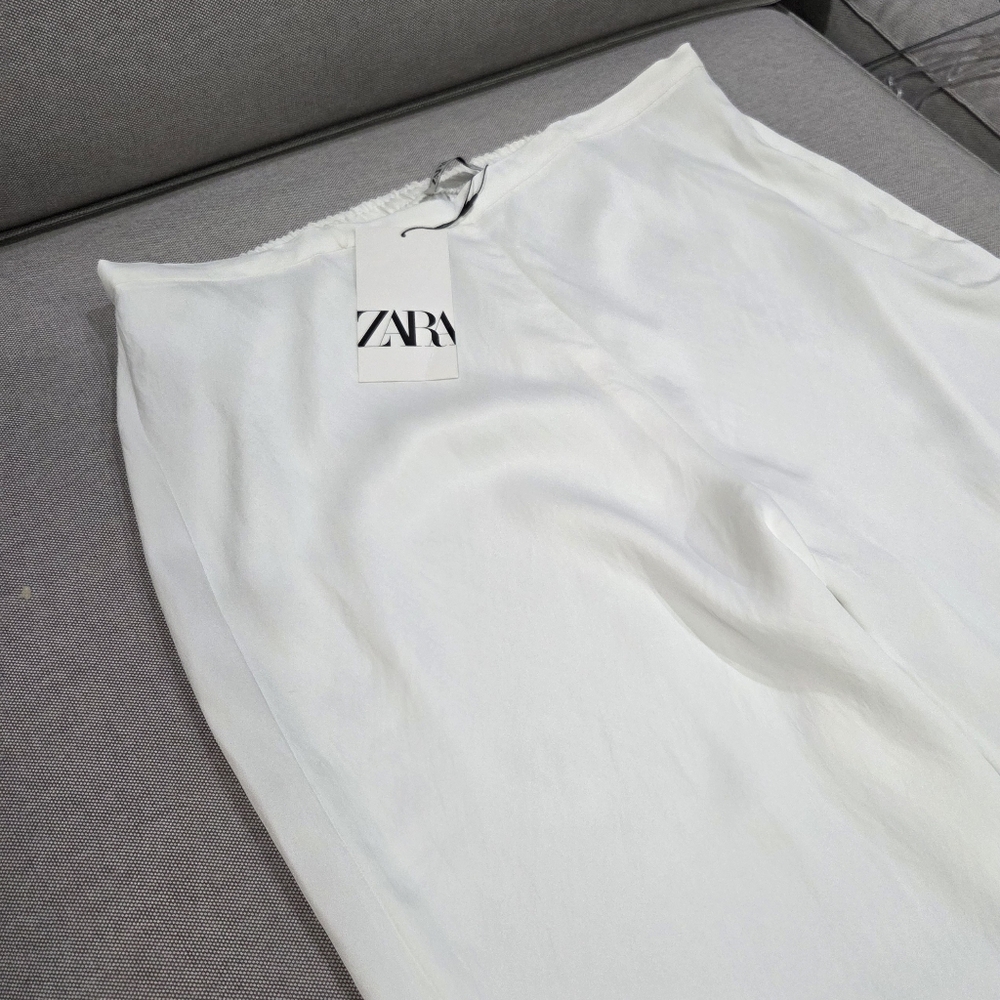 Zara NWT🏷️ Palazzo White Silky Flowy Wide Leg High Waist Pants Side Zip XL - Picture 5 of 13